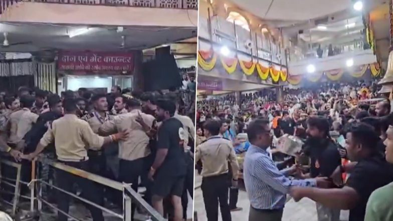 Ujjain Mahakaleshwar Temple Clash Video: Security Guard Injured After Group Allegedly Breaks Barricades in Nandi Hall