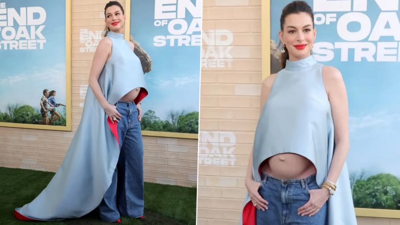 Pregnant Anne Hathaway Flaunts Her Baby Bump As She Dazzles in Prabal Gurung Crop Top and Low-Rise Jeans at LA Event (Watch Video)