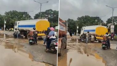 Bengaluru Viral Video: Biker Jumps Clear as Tanker Runs Over Motorcycle in Varthur