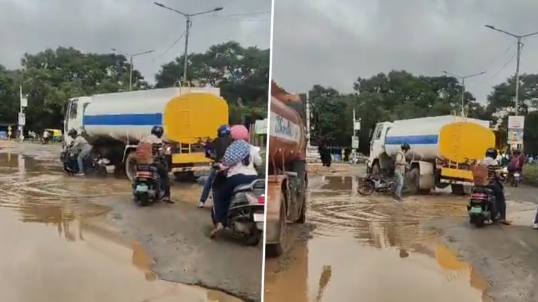 Bengaluru Viral Video: Biker Jumps Clear as Tanker Runs Over Motorcycle in Varthur