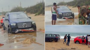 auto-Audi and Mercedes Stuck in Sand Near Konark; Tractor Rescues Cars (Viral Video)