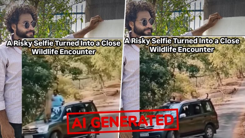 Leopard Attacks Man Taking Selfie Through Car Sunroof in Jaipur? Fact Check Reveals Video Is AI-Generated