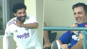 Ravindra Jadeja's Hilarious Bowling Mimicry Leaves Gautam Gambhir in Splits During IND vs SL XI Warm-Up Rain Break (Watch Video)