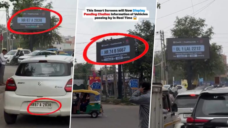 Gurugram&rsquo;s New AI Traffic Screen Shows Pending Challans, Expired PUC at Sohna Chowk (Video)