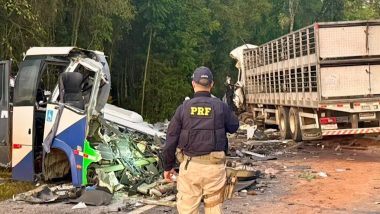 Brazil Road Crash Video: 23 Dead in Head-On Minibus-Lorry Collision in Ipiranga, Parana Governor Ratinho Junior Declares 3-Day Mourning