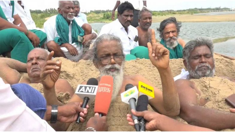 India News | Tamil Nadu: Farmers Bury Themselves in Sand, Demand Immediate Cauvery Water Release