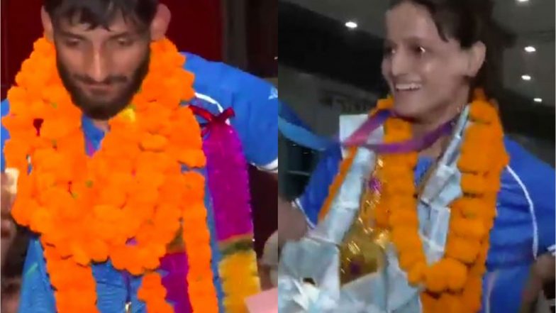 India News | Gold Medallists Asmita Dey, Harsh Singh Receive Grand Welcome at IGI Airport Following Historic Glasgow Victory; Singh Eyes for Asian Games