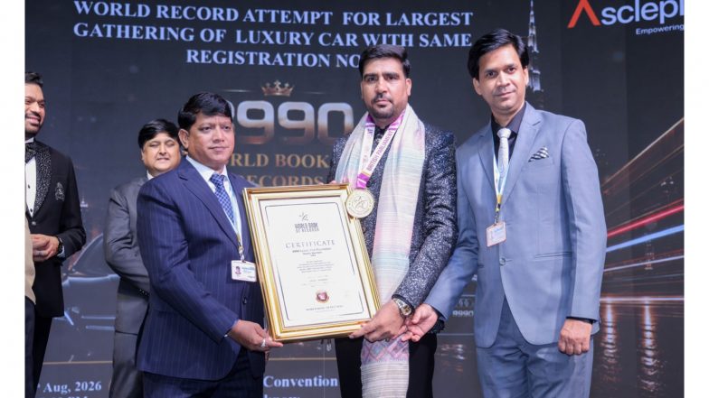 Business News | Mahipal Singh-Owned 8990 Luxury Car Club Creates History, Sets World Record with 250 Luxury Cars Bearing '8990' Registration Number