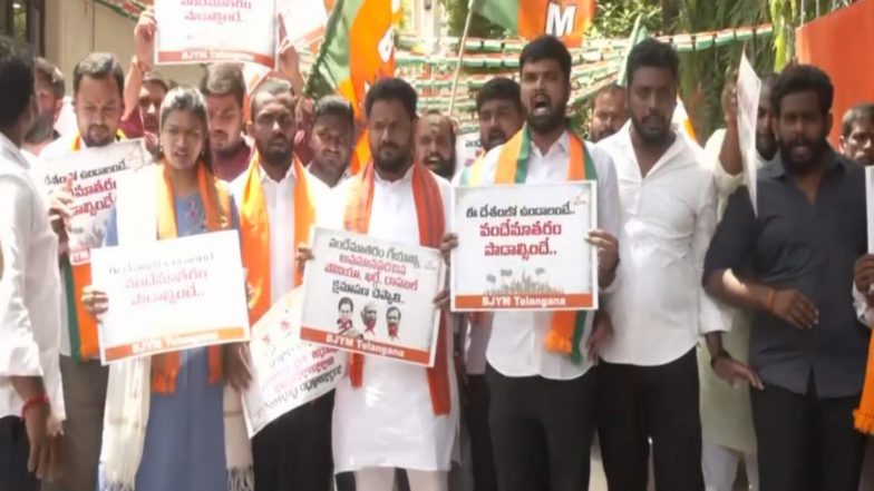 India News | Telangana: BJP Yuva Morcha Stages Protest in Hyderabad Against Congress Leaders over 'Vande Mataram' Row