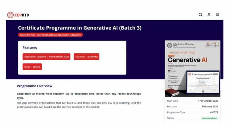Business News | IIT Delhi, CEP Launches Generative AI Programme as Demand Grows for Professionals with AI-Building Skills