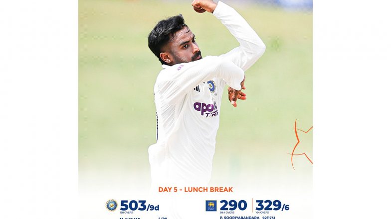 Sports News | SL Vs IND, 2nd Test: Dinusha-Nuwantha Keep Sri Lanka's Hopes for Draw Alive (Day 1, Lunch)