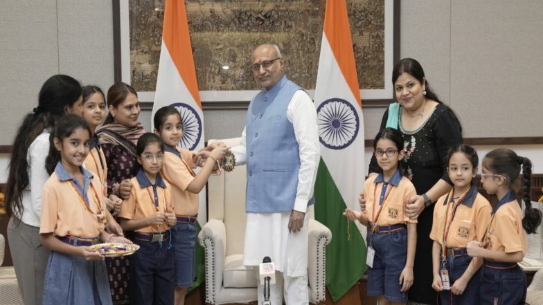 India News | Vice President Radhakrishnan Celebrates Raksha Bandhan with School Children at Uparashtrapati Bhavan