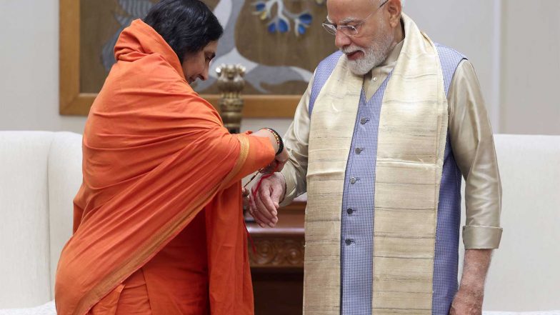 India News | Sadhvi Ritambhara Ties Raksha Sutra to PM Modi, Says Gesture Symbolises Resolve for India's Security