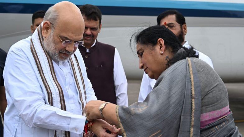 India News | Maharashtra: Amit Shah Arrives in Mumbai; Sunetra Pawar Ties Rakhi as They Mark Raksha Bandhan