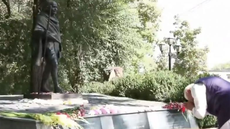 World News | PM Modi Pays Floral Tribute to Mahatma Gandhi in Bishkek, Meets Diaspora and Other Community Members