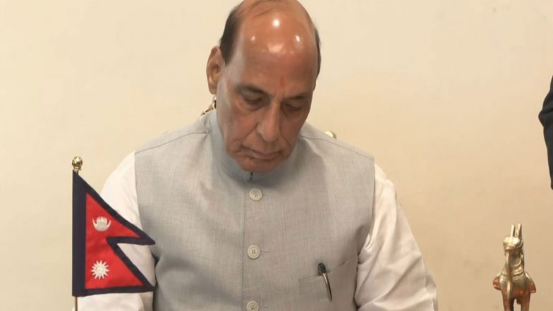 India News | Delhi: Rajnath Singh Visits Nepal Embassy, Writes Condolence Message over Flash Flood Devastation