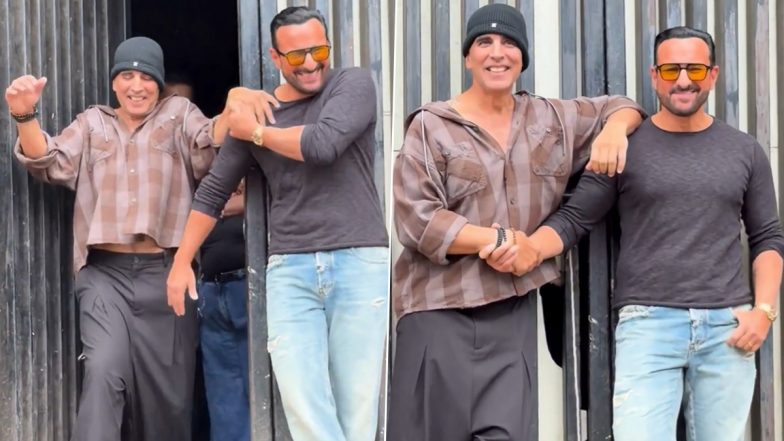 &lsquo;Haiwaan&rsquo;: Akshay Kumar Turns Playful While Posing With Saif Ali Khan on the Sets of &lsquo;Kaun Banega Crorepati 18&rsquo; (Watch Video)