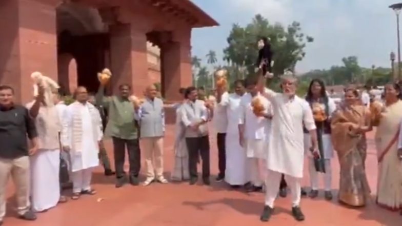 '56 Inch Ka Chhota Bandar': Opposition MPs Protest Outside Parliament With Toy Monkey Against PM Narendra Modi (Video)