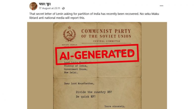 Did Vladimir Lenin Ask Lord Mountbatten To 'Divide India' in 1947? Viral Letter Is AI-Generated