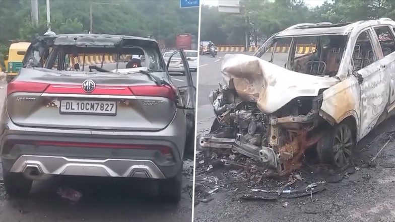 Moving MG Hector SUV Catches Fire on Dhaula Kuan Flyover in Delhi; No Injuries Reported