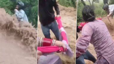 Chamba Flash Flood Video: Newlywed Couple Uses Dupatta To Rescue Biker Trapped in Strong Current