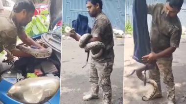 Mumbai Python Rescue Video: Snake Slithers Into Car Engine Near Dahisar Flyover, Rescuer Safely Removes Reptile