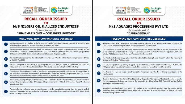 FSSAI Orders Nilgiri Oil and Allied Industries, Aquagri Processing To Recall 2 Products Over Unsafe Samples