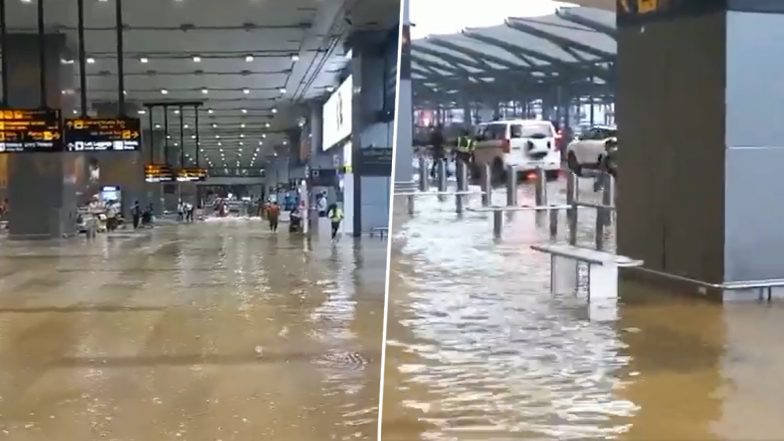 Delhi Rains: Heavy Waterlogging at IGI Airport Leaves Passengers Wading Through Water To Reach Gates (Video)