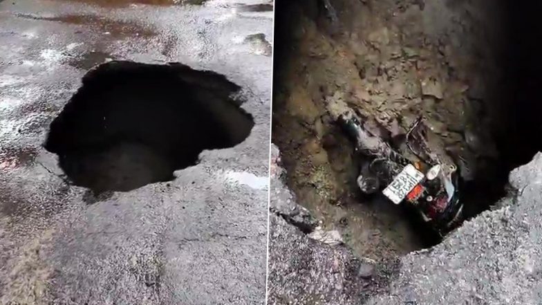 Lucknow Road Cave-In Video: Biker Injured After Bike Falls Into Pit Near IT Crossing