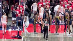 A'ja Wilson Involved in Heated Courtside Exchange With Fan Following Foul on Sophie Cunningham During WNBA Playoffs Match.