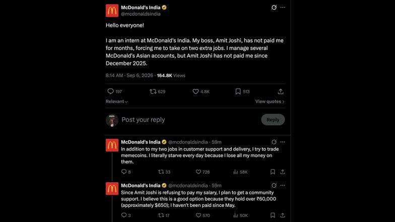 McDonald&rsquo;s India Intern Claims Unpaid Salary Since December 2025 by Boss Amit Joshi, Later Says &lsquo;Thanks, I Have Claimed It&rsquo;