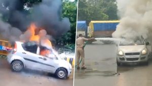 social-viral-Indore: Moving Car Suddenly Bursts Into Flames on Busy Road, Driver Suffers Burn Injuries (Video)