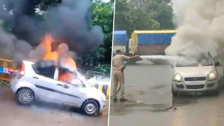 Indore: Moving Car Suddenly Bursts Into Flames on Busy Road, Driver Suffers Burn Injuries (Video)