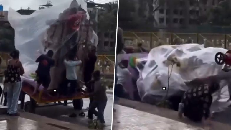 Nalasopara Ganpati Idol Accident Video: Idol Falls on Devotees During Aagman Sohala, No Injuries Reported