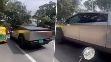Tesla Cybertruck India Launch Soon? EV Truck Spotted Driving Through Bengaluru Streets (Video)