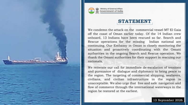 Indian National Missing After Commercial Vessel Attacked Off Oman Coast, MEA Confirms