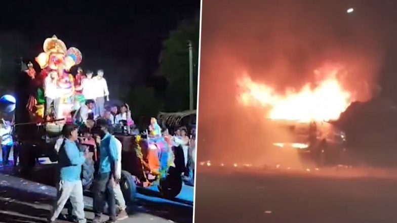 Tamil Nadu: Car Catches Fire During Idol Procession in Dindigul After Firecracker Sparks Ignite Vehicle