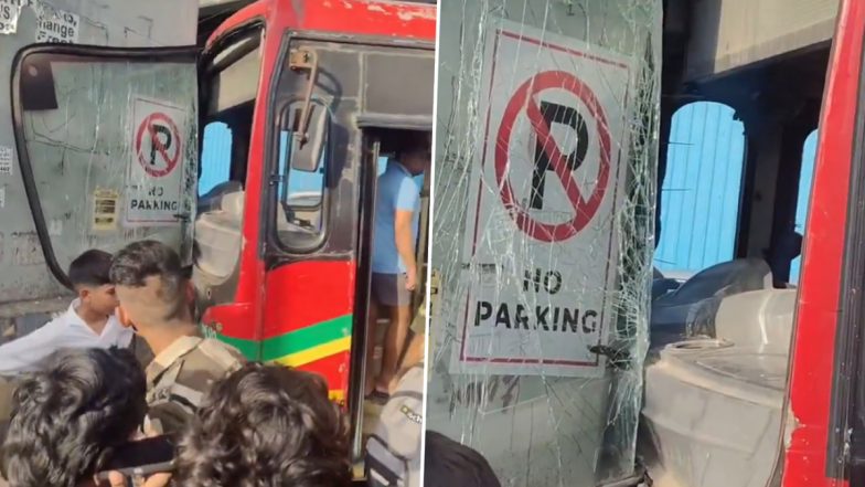Mumbai: 2 Injured After BEST Electric Bus Crashes Into Metro Pillar in Goregaon East (Video)