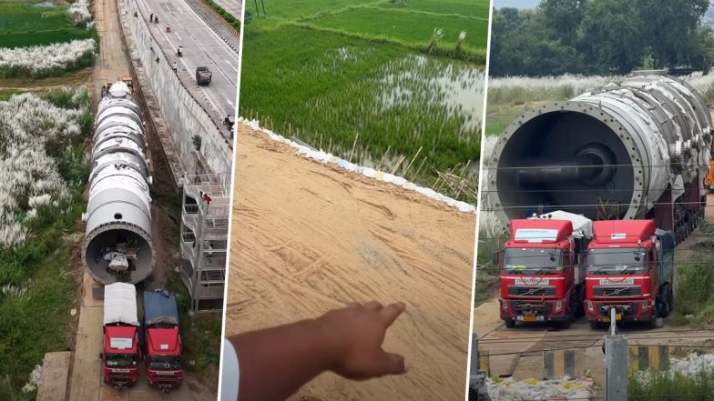 308-Wheel Monster Truck Stuck Again! Giant Trailer Carrying Heavy Machine Hits Roadblock in Bihar&rsquo;s Aurangabad (Video)