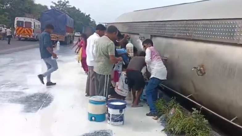 Palghar: Villagers Rush To Collect Milk After Tanker Turns Turtle on Mumbai-Ahmedabad Highway