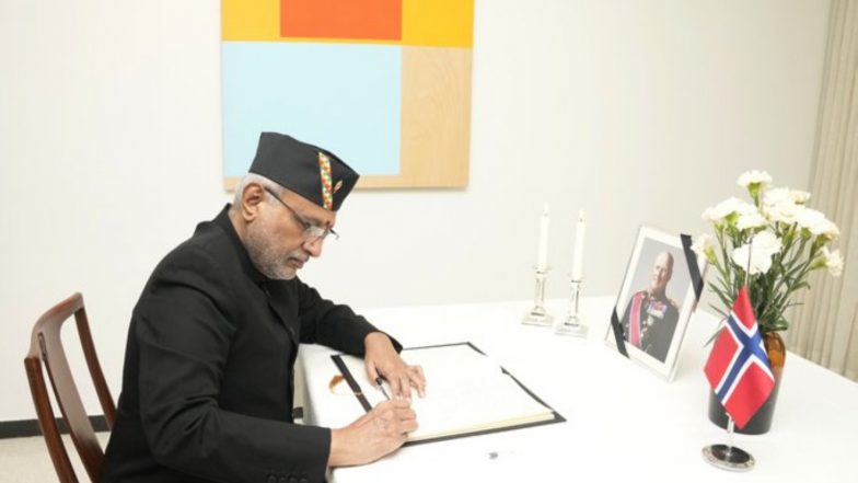 World News | VP Radhakrishnan Visits Norwegian Embassy, Offers Condolences on King Harald V's Death