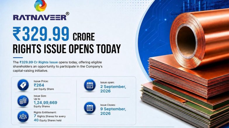 Business News | Ratnaveer Precision Engineering Rights Issue Opens Today at INR 264; RE Trading Begins as Investors Get Opportunity to Subscribe