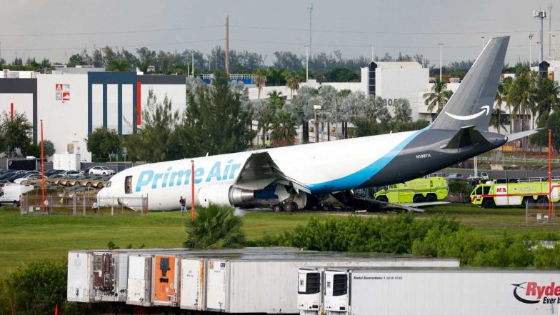 World News | US: 5 Dead, 5 Injured After Amazon Cargo Aircraft Overruns Runway in Miami, Striking Multiple Vehicles