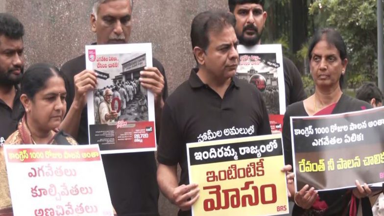 India News | Telangana: BRS MLAs Stage Protest at Gunpark Against Congress Government's 1000 Days of Rule