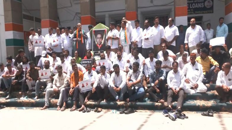 India News | Telangana: Congress Leaders Stage Protest over BRS MLC T Madhusudan's Alleged Remarks Against Speaker Gaddam Prasad Kumar