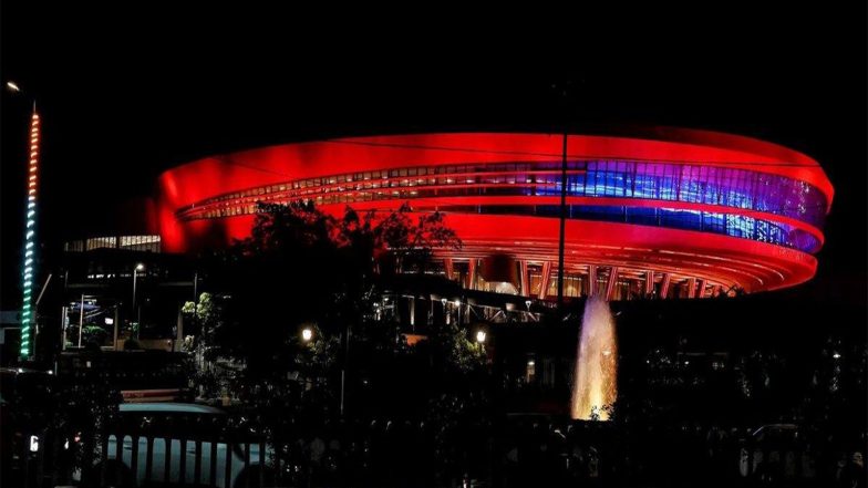 India News | Bharat Mandapam Lights Up as Delhi Gears Up to Host BRICS Summit 2026