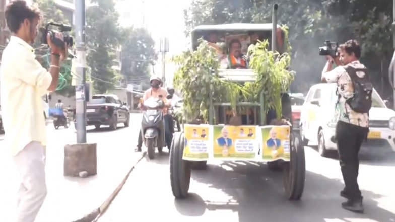 India News | Telangana BJP MLAs Drive Tractors to Assembly, Demand Implementation of Fasal Bima Yojana