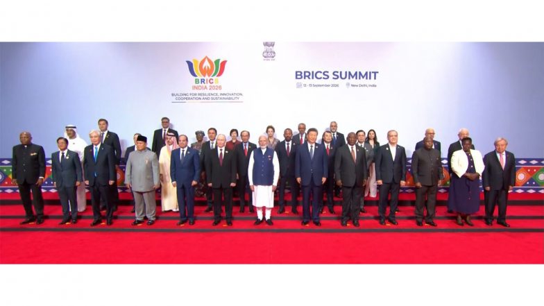 World News | PM Modi, BRICS Leaders Pose for Family Photo at Bharat Mandapam