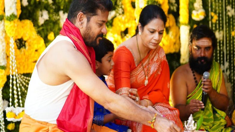 India News | Telangana CM Revanth Reddy Performs Ganapati Puja with Family on Vinayaka Chavithi, Extends Greetings to People
