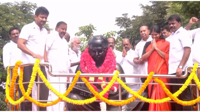 India News |  DMK President MK Stalin, Senior Leaders Pay Floral Tribute at Anna Statue in Valluvarkottam